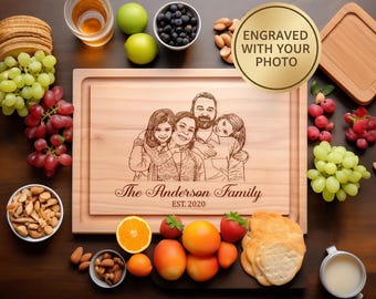 Custom Family Portrait Cutting Board, Engraved Photo on Wood Charcuterie Board, Housewarming Gift for Couple, Personalized New Home Decor