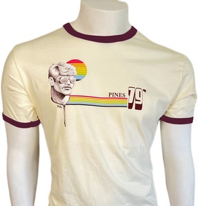 Vintage GAY Mens Fire Island PINES 79&#39; Graphic T-Shirt / Retro Custom Made Wearable TONKA Art / Summer Beach Ringer Tee