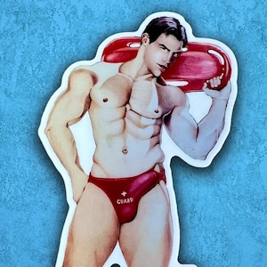 Lifeguard Sticker: Hunky Beefcake, Speedo, Queer Art