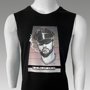 Gay Mens Muscle Tank Leather Biker Graphic T-SHIRT / JUDAS / Tonka Custom Wearable ART / Fetish / Black Sleeveless Top