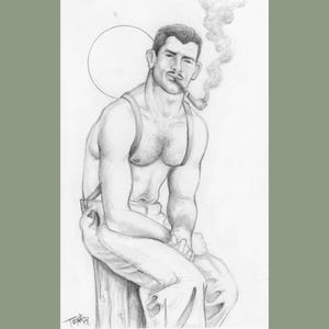 Original männliche Figur Kunst Bleistift Zeichnung / "Dust Bowl Dad" / Tonka Kunstwerk Vintage Stil männlich Pin Up 14.5 "x 8.5" signiert