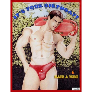 Queere NSFW Geburtstagskarte ""It's Your Birthday""" / Rettungsschwimmer Hunk Speedo / Homoerotische Original TONKA Kunst / Grußkarte