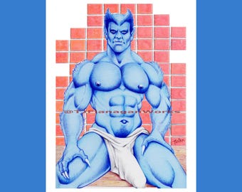 Bara X-Men BEAST Archival Art Print / Original Queer Fan Tonka ARTWORK / Sexy Pin Up / Comicbook Avengers Superhero