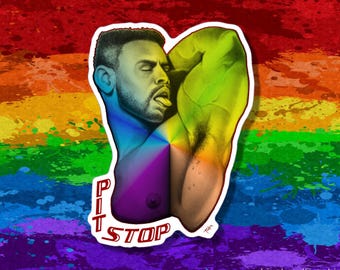 May include: A sticker featuring a stylized illustration of a person with a beard and tongue out, with one arm raised to reveal an underarm. The figure is colored in a rainbow gradient. The text PIT STOP is printed in red at the bottom left.