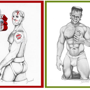 Beefcake Horror Jason Freitag der 13te & Frankenstein Postkarten Set / Monsterfilm Klassiker / Sexy Bara Kunst Karte / Queer Jockstrap
