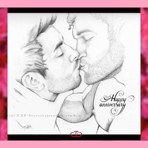 Cartão de feliz aniversário gay / Desenho de casal masculino com beijo / "Você é o amor da minha vida" / Cartão de presente de dia dos namorados para casamento gay