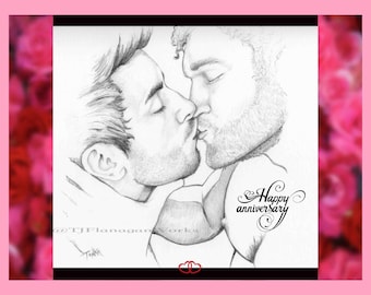 Tarjeta de aniversario queer: Arte de beso de pareja masculina - 'Eres el amor de mi vida'