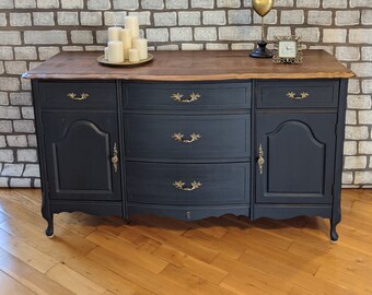AVAILABLE - Refinished Shabby Chic Farmhouse Dark Navy Blue French Provincial Sideboard Buffet Media Console Hall Table