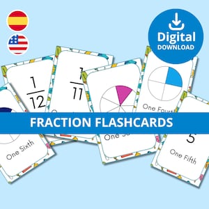 Puede incluir: Tarjetas didácticas de fracciones que muestran fracciones numérica y visualmente. Las tarjetas presentan fracciones como 1/12 y 1/7, y fracciones de un círculo, etiquetadas con términos como "Un cuarto" y "Un quinto". Las palabras "Fraction Flashcards" están en una pancarta azul.