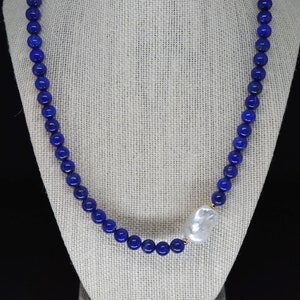 Lapis Lazuli Necklace, Baroque Pearl and Gemstone Jewelry, Unique Anniversary Gift, Handmade Dark Blue Statement Necklace image 2