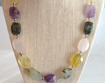 Handmade Multi Gemstone Necklace: Crystal, Amethyst, Citrine, Quartz, Prehnite, 19.5 inches, Chunky Jewelry