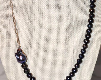 Black Pearl Necklace | Black Baroque Pearl | Peacock Black Green Potato Pearls | Modern Sterling Silver Paper Clip Necklace, 18.25 inches