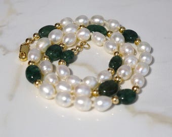 Natural Emerald & Freshwater Pearl Necklace 18 inches | Handmade Green Gemstone Jewelry | Elegant Wedding Necklace Gift for Her