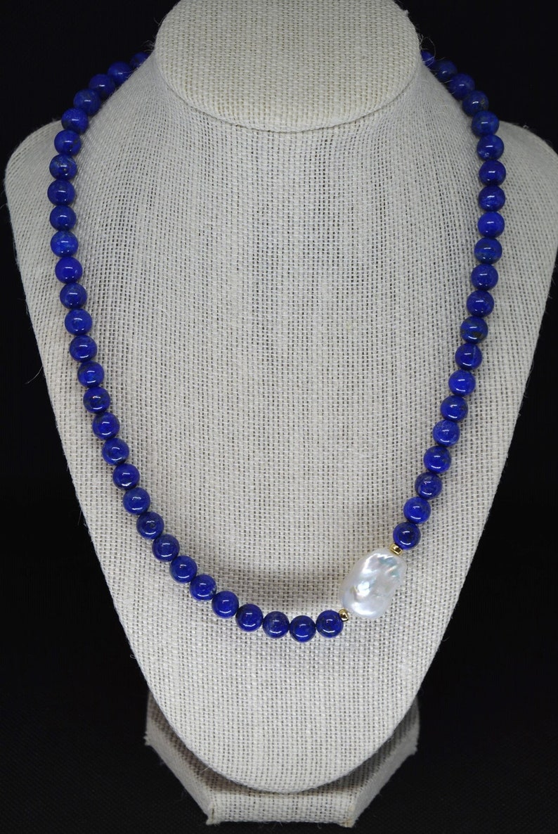 Lapis Lazuli Necklace, Baroque Pearl and Gemstone Jewelry, Unique Anniversary Gift, Handmade Dark Blue Statement Necklace image 2