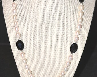 Black Onyx Pearl Necklace: Sterling Silver, Handmade Jewelry, June Birthstone