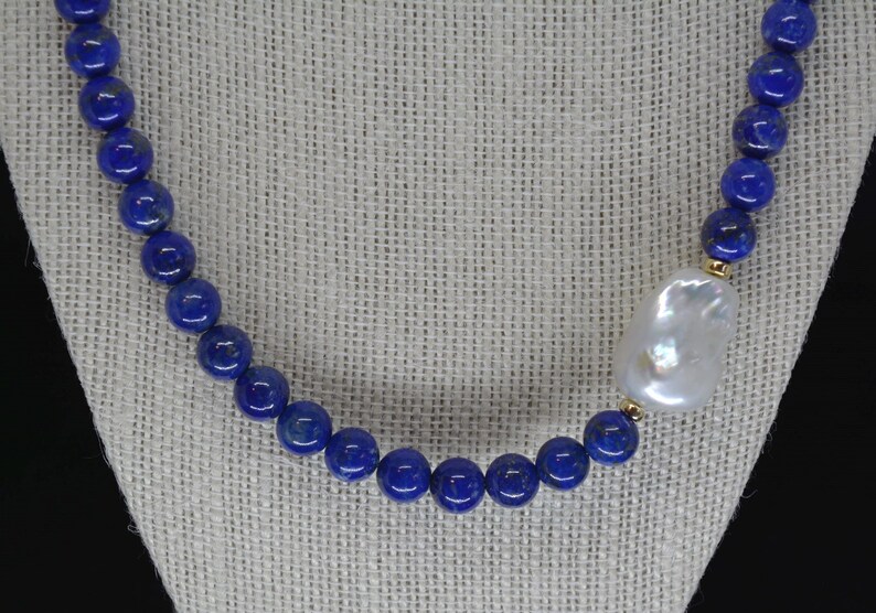 Lapis Lazuli Necklace, Baroque Pearl and Gemstone Jewelry, Unique Anniversary Gift, Handmade Dark Blue Statement Necklace image 3