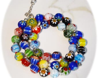 Murano Glass "Art Bead" Choker Necklace, Multicolored Flower Lamp work Venetian Glass, Murano Flower Beads, 15 inches with 1 inch extension