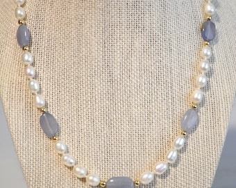 Blue Chalcedony Pearl Necklace, White Freshwater Pearl Necklace, Blue Gemstone Statement Necklace, Anniversary Gift for Her, 17.5 inches