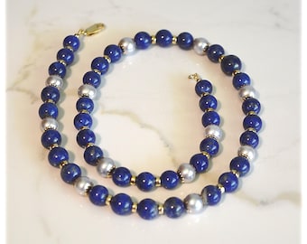 Handmade Lapis Lazuli & Gray Pearl Necklace: Elegant Royal Blue Gemstone