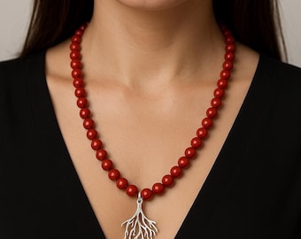 Vibrant Red Coral Beaded Necklace, Brushed Sterling Silver Pendant, Handmade 18 Inch Jewelry