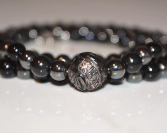 Black Jade, Hematite and Carved Tahitian Pearl Necklace with Strong Fold Over Clasp-20”, Unisex Jewelry
