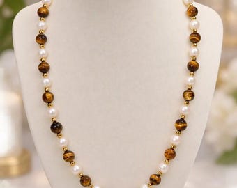 White Baroque Akoya Freshwater Pearl & Yellow Tiger Eye Necklace, Handmade Pearl Gemstone Jewelry Gift, 18.50 inches