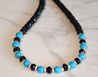Black Onyx & Turquoise Beaded Necklace: Sterling Silver Accents, Handmade Jewelry, 18 inches, Unisex