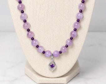 Lavender Jade Beaded Necklace with Amethyst & Diamond Accent Pendant, Sterling Silver Jewelry, 20 inches
