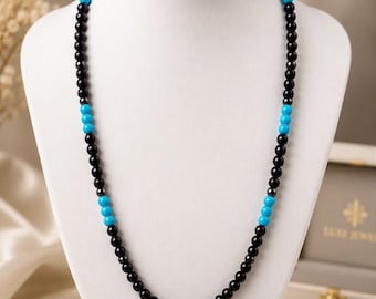 Natural Black Onyx, Turquoise & Hematite Gemstone Necklace | 21" Handmade Beaded Necklace | Platinum Plated Clasp, Unisex Jewelry