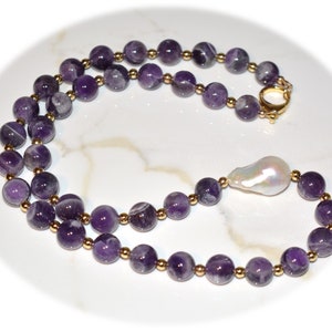 Amethyst and Baroque Pearl Necklace: 22.5&quot; Gold Filled Clasp