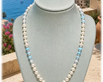 Larimar & Akoya Pearl Necklace | Natural Dominican Larimar, AAA White Baroque Akoya Pearls, Ocean Blue Gemstone Jewelry, 18 inches