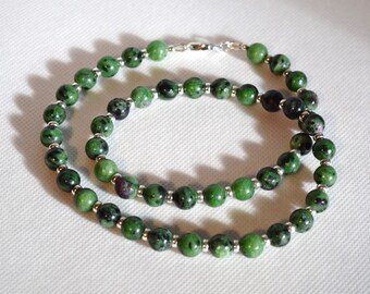 Handmade Ruby Zoisite Beaded Necklace: Sterling Silver Accents