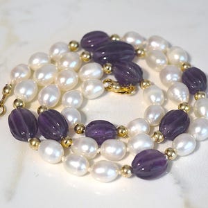 Gorgeous Natural Amethyst and Pearl Necklace 18 inches, Purple Amethyst Jewelry, Natural Amethyst and Pearl Necklace, Unique Gifts