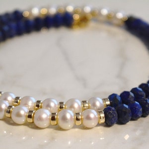 Natural Lapis Lazuli and Pearl Beaded Necklace measuring 18 inches, Natural Lapis Jewelry, Pearl and Gold Necklace, Blue Necklace