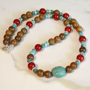 Koralle Türkis Halskette: Wenge Holz & Sterling Silber - Boho Schmuck, 18 Zoll, handgemachter Schmuck