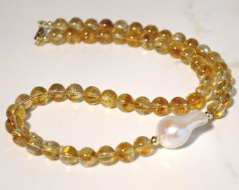 CITRINE & Jumbo Baroque Pearl Necklace | Natural 8mm Citrine Gemstones | Statement Pearl Necklace | 14K Gold Filled Clasp | 18 inches