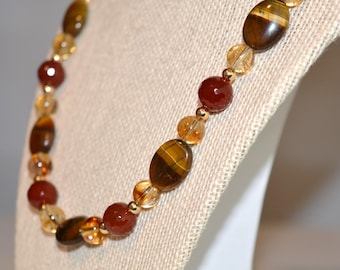 Citrine, Carnelian & Tiger's Eye Gemstone Necklace, 20 Inch GF Statement Necklace, Golden Ember Romance Necklace, Gold Plated Push Clasp