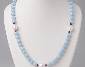 Aquamarine & Edison Pearl Necklace, 18 Inch AAA Gemstone Necklace, Ruby Accent Beads, Sterling Silver, Elegant March Birthstone Jewelry