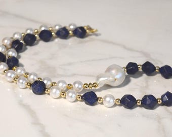 Lapis Lazuli & Freshwater Pearl Necklace: Royal Blue Luxe Jewelry, Wedding Jewelry