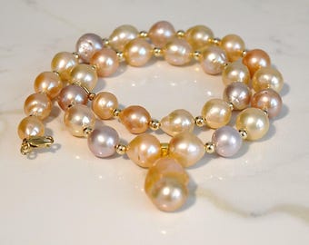 Natural Edison Pearl Necklace | Mauve Gold Peach Pink Pearls | Wedding Jewelry | Natural Multicolor Pearl Pendant Necklace | 18 inches