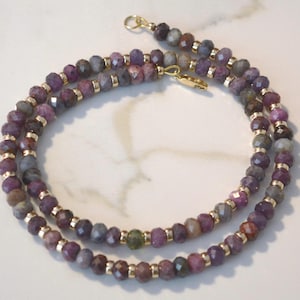 Natural Sapphire semi-precious Gemstone Beaded Necklace, Multi-faceted Sapphire and Gold Jewelry, Gemstone Jewelry, Anniversary Gift