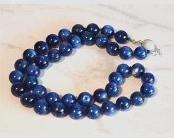 Blue Luminescent Kyanite Beaded Necklace: Sterling Silver Clasp, 18 inches