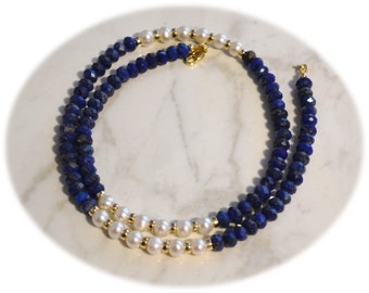 Stunning Natural Lapis Lazuli and Pearl Beaded Necklace by Jama Studio, Natural Lapis Jewelry, Pearl and Gold Necklace, Mothers Day