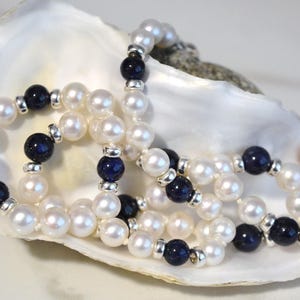 White Akoya Pearl and Blue Sapphire Necklace: Sterling Silver Clasp
