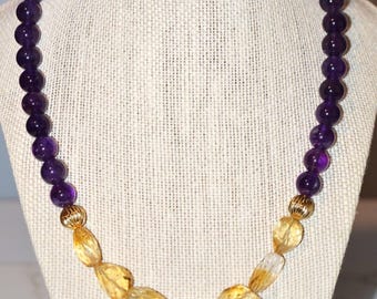 Amethyst & Citrine Necklace | Natural Dark Amethyst, Faceted Citrine Statement Necklace with Gold Filled Accents, February Birthstone, 18"