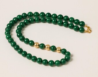 Malachite Beaded Necklace with Gold Filled Accents, Green Gemstone Necklace, 18 Inch Jewelry