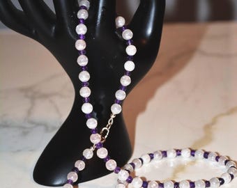 Rose Quartz Amethyst Beaded Necklace, Mystic Coated Quartz, Sterling Silver Heart Clasp, Handmade Crystal Jewelry (18.5 inches)