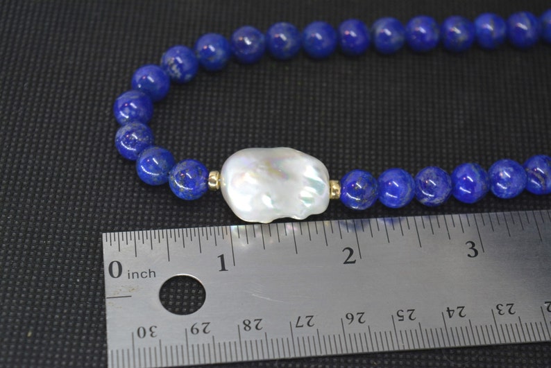 Lapis Lazuli Necklace, Baroque Pearl and Gemstone Jewelry, Unique Anniversary Gift, Handmade Dark Blue Statement Necklace image 5