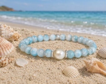 Larimar & Baroque Pearl Stretch Bracelet, Natural Dominican Larimar Bracelet, White Pearl Bracelet, Ocean Blue Gemstone Jewelry, 7 inches