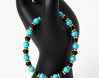 Turquoise & Black Onyx Beaded Stretch Bracelet: Handmade Gold-Filled Accents